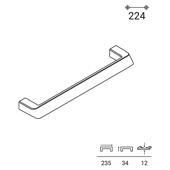 Rei Möbelgriff - Lochabstand: 224 mm, Sonstige, Schwarz, L x B x H: 235 x 12 x 34 mm - Strichzeichnung eines modernen, linearen Griffs mit Maßen.