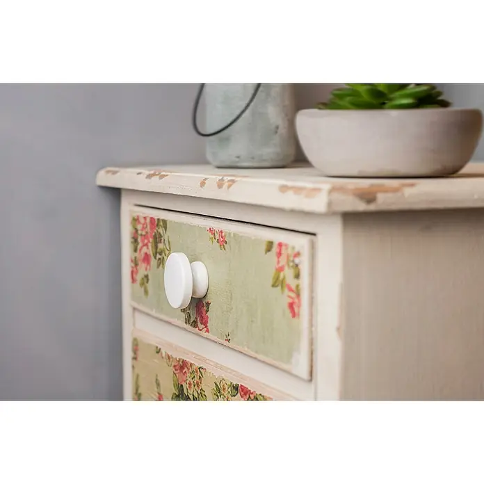 Rei Möbelknopf - Durchmesser: 38 mm, Holz, Weiß, L x H: 38 x 22 mm - Weiße Shabby-Chic Kommode mit blumengemusterten Schubladenfronten und runden weißen Knöpfen.