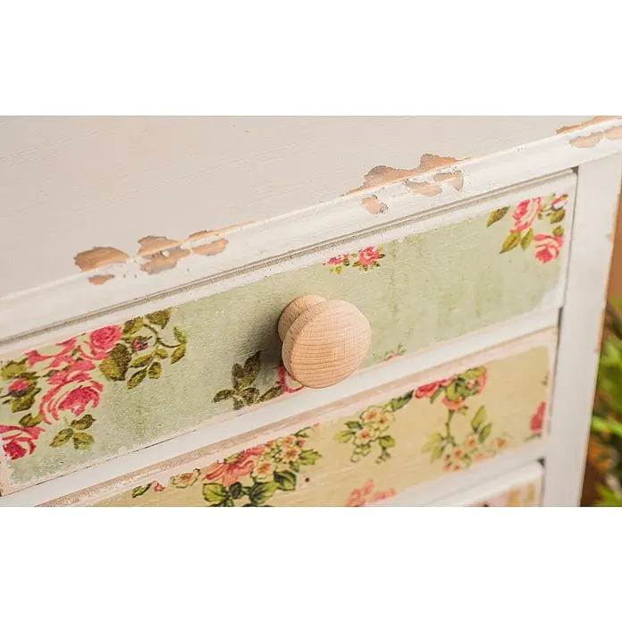 Rei Möbelknopf - Durchmesser: 38 mm, Holz, Buche, L x H: 38 x 22 mm - Shabby-Chic-Kommode mit floralen Schubladenfronten und einem runden Holzknauf.