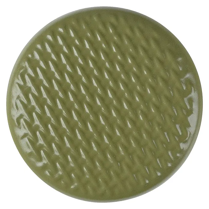Rei Möbelknopf - Durchmesser: 32 mm, Olivgrün, geriffelt - Runde olivgrüne Matte mit glänzender Oberfläche und erhabenem diagonalen Flechtmuster.