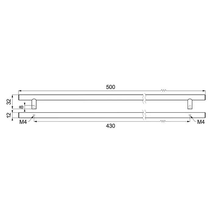 Rei Möbelgriff - Lochabstand: 356 mm, Stahl, Schwarz, Rund, L x B x H: 501 x 12 x 32 mm - Technische Zeichnung eines rechteckigen Möbelgriffs, 500mm lang mit 430mm Lochabstand, Befestigung mit M4-Schrauben.
