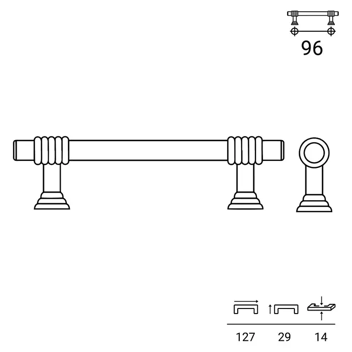 Rei Möbelgriff - Lochabstand: 96 mm, Sonstige, Schwarz, L x B x H: 127 x 14 x 39 mm - Technische Zeichnung eines zylindrischen Möbelgriffs mit Zierrippen, Bohrabstand 96mm.