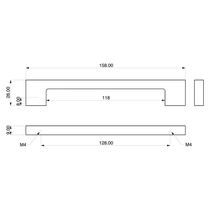 Rei Möbelgriff - Lochabstand: 128 mm, Aluminium, Nickel, Modern - Technisches Zeichnung eines U-förmigen Möbelgriffs, 158mm lang, 26mm hoch, mit M4 Befestigungslöchern im Abstand von 128mm.