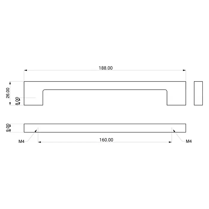 Rei Möbelgriff - Lochabstand: 160 mm, Aluminium, Nickel, Modern - Rechteckiger Möbelgriff, 188mm Gesamtlänge mit 160mm M4 Befestigungsabstand.