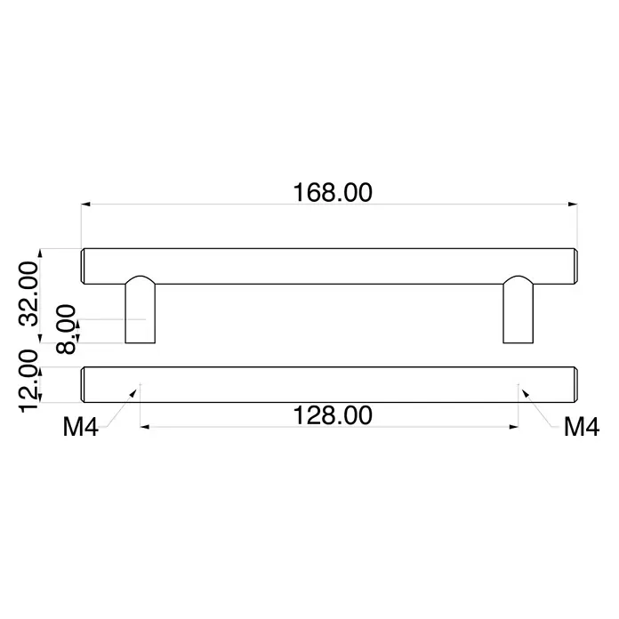 Rei Möbelgriff - Lochabstand: 128 mm, Stahl, Schwarz, Rund, L x B x H: 168 x 12 x 32 mm - Technische Zeichnung eines Möbelgriffs, 168 mm lang, 128 mm Lochabstand, 32 mm Höhe, M4 Schrauben.