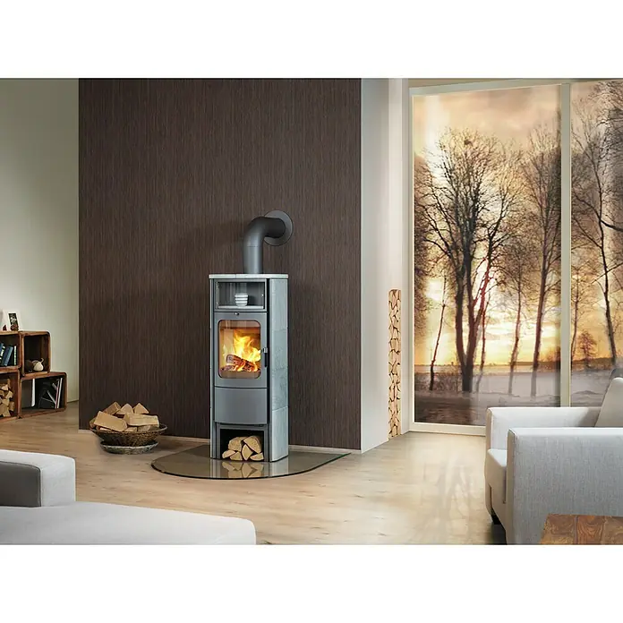 Hark Kaminofen Opera B Grande - 5 kW, Raumheizvermögen: 138 m³, Material Verkleidung: Stahl, Grau - Ein moderner Kaminofen mit Holzfeuerstelle und Glasplatte. Der Kaminofen strahlt Wärme und Gemütlichkeit aus.