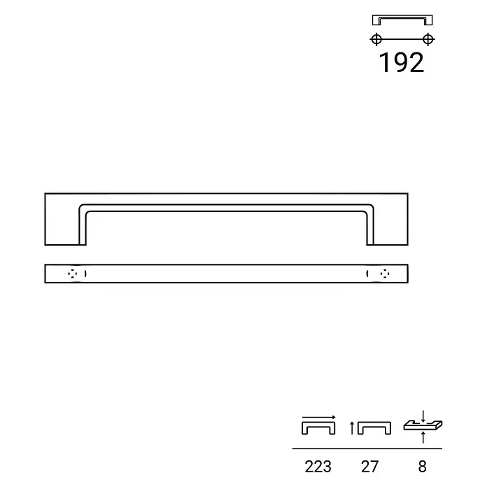 Rei Möbelgriff - Lochabstand: 192 mm, Aluminium, Nickel, Modern - Technische Zeichnung eines rechteckigen Stangengriffs mit Maßen für Möbel.