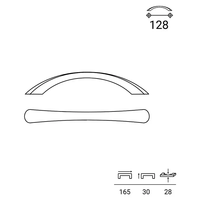 Rei Möbelgriff - Lochabstand: 128 mm, Aluminium, Schwarz, Design - Gebogener Griff mit Maßen: 128mm Lochabstand, 165mm Gesamtlänge, 30mm Höhe, 28mm Breite.