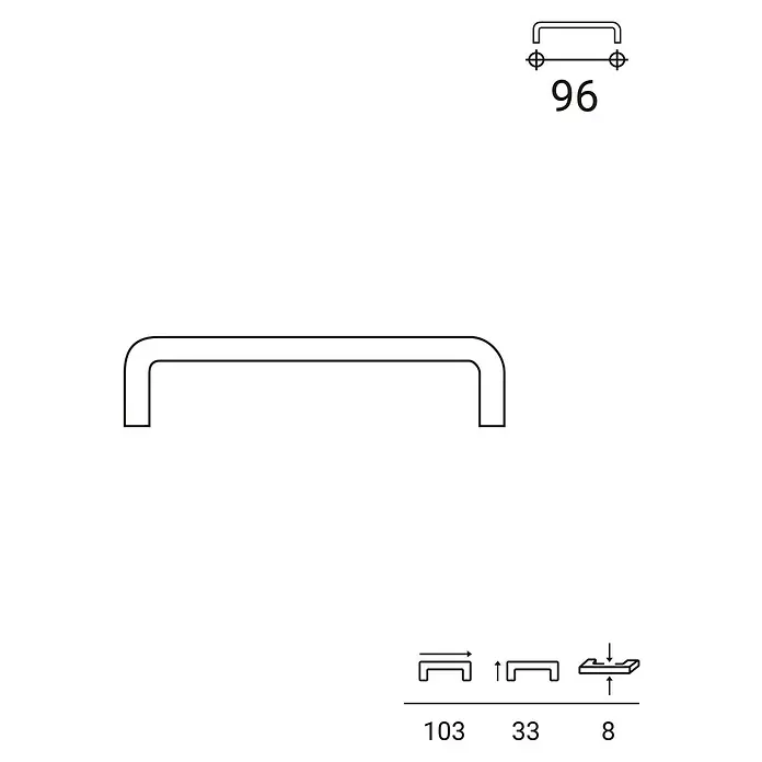 Rei Möbelgriff - Lochabstand: 96 mm, Stahl, Edelstahl, L x B x H: 103 x 8 x 33 mm - Abgerundeter rechteckiger Griff mit 96mm Lochabstand, dargestellt mit Gesamtabmessungen.
