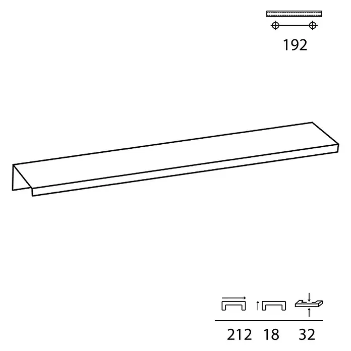Rei Möbelgriff - Lochabstand: 192 mm, Aluminium, Schwarz, L x B x H: 212 x 18 x 32 mm - Strichzeichnung eines C-Profilgriffs, Maße 212x18x32mm und 192mm Bohrabstand.