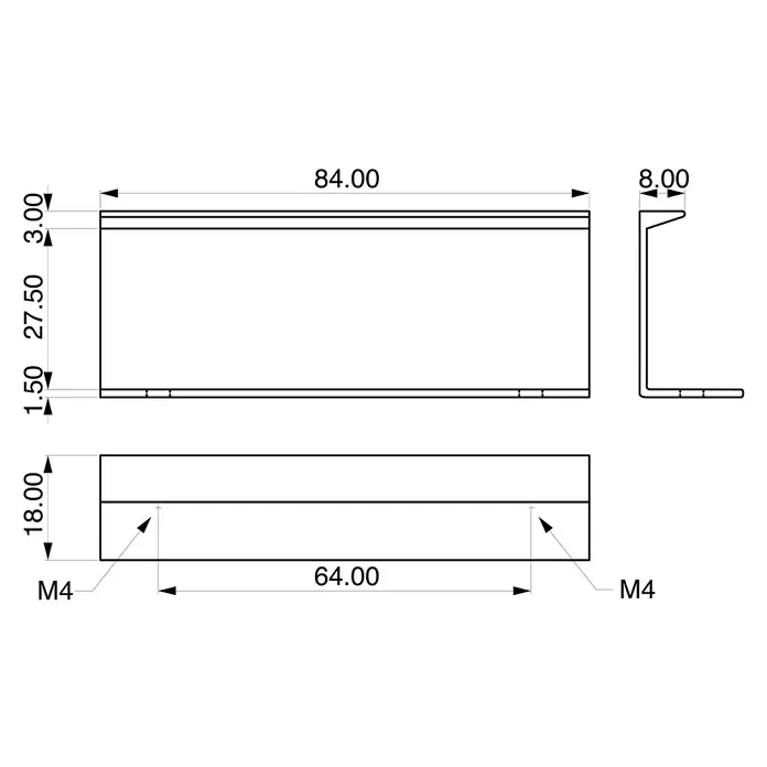 Rei Möbelgriff - Lochabstand: 64 mm, Aluminium, Silberfarben, L x B x H: 84 x 18 x 32 mm - Technische Zeichnung eines rechteckigen L-Profils mit schräger Oberkante und M4-Befestigungslöchern.
