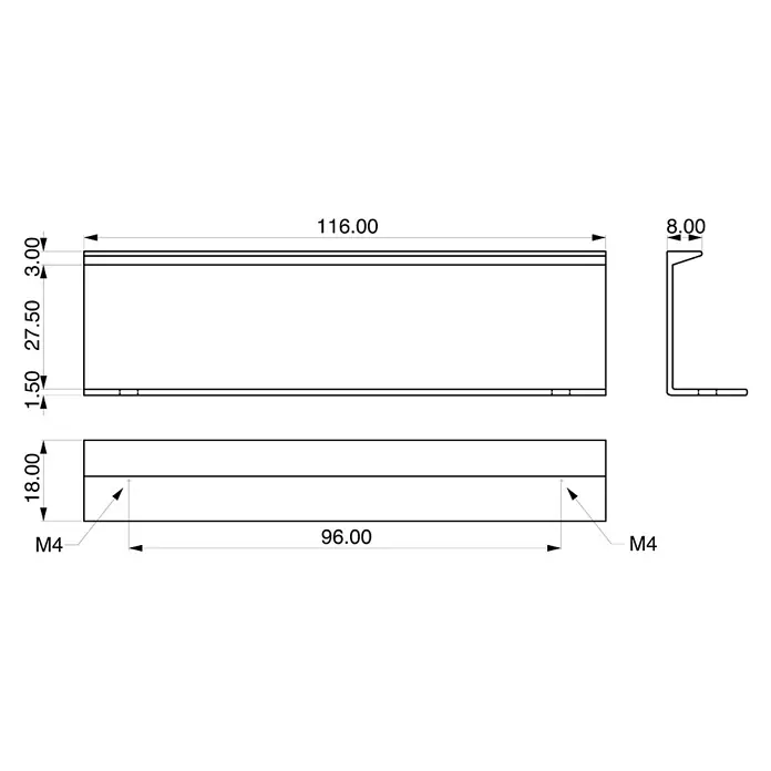 Rei Möbelgriff - Lochabstand: 96 mm, Aluminium, Silberfarben, L x B x H: 116 x 18 x 32 mm - Technische Zeichnung eines Metallprofils mit U-förmigem Querschnitt, 116mm lang, mit zwei M4 Gewindebohrungen im Abstand von 96mm.