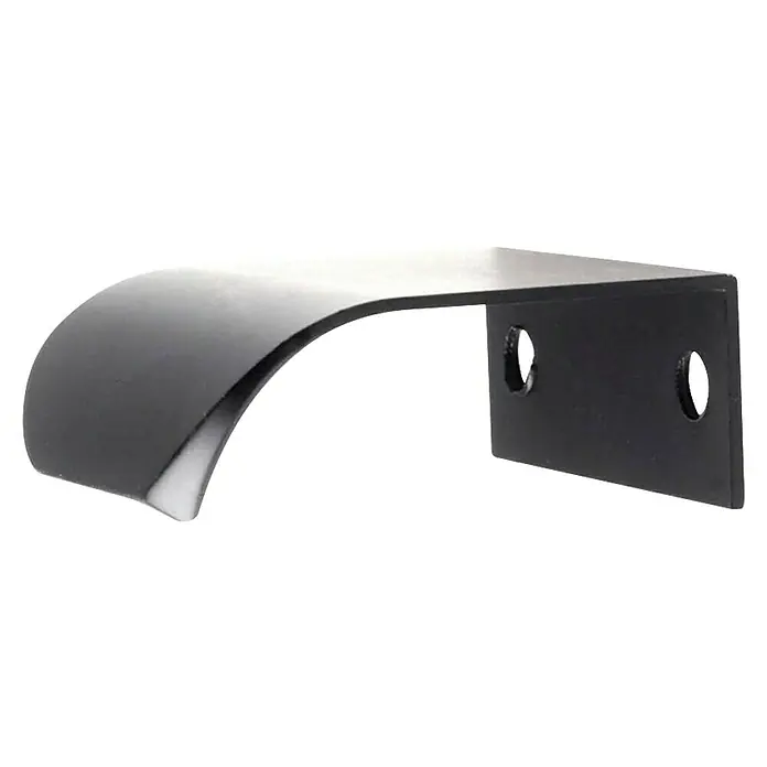 Rei Möbelgriff - Lochabstand: 32 mm, Aluminium, Schwarz, L x B x H: 52 x 18 x 40 mm - Dunkelgraue Metall-Ziehgriffhalterung mit gebogener Vorderseite und zwei Befestigungslöchern.