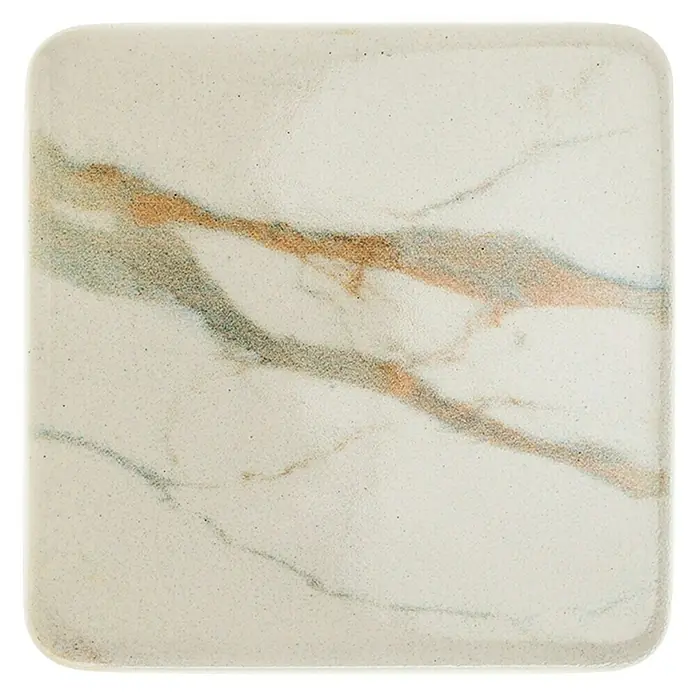 Rei Möbelknopf - Durchmesser: 37 mm, Kunststoff, Weiß - Quadratischer Untersetzer mit abgerundeten Ecken, cremefarben mit goldenen und grauen Marmoradern.