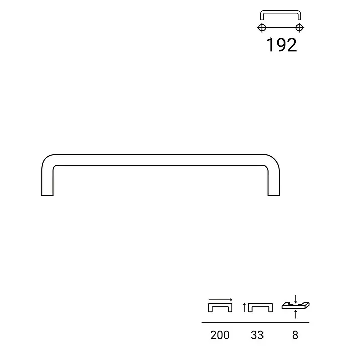 Rei Möbelgriff - Lochabstand: 192 mm, Stahl, Edelstahl, L x B x H: 200 x 8 x 33 mm - U-förmiger Griff mit Bohrabstand 192mm, Gesamtlänge 200mm, Höhe 33mm und Breite 8mm.