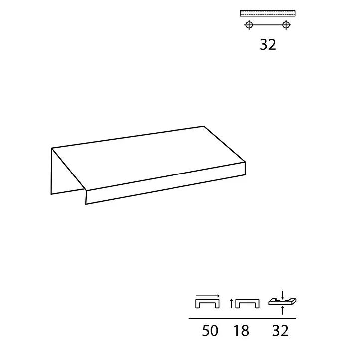 Rei Möbelgriff - Lochabstand: 32 mm, Aluminium, Schwarz, L x B x H: 50 x 18 x 32 mm - Weißes Möbelregal mit technischen Zeichnungen und Maßen zur Montage.