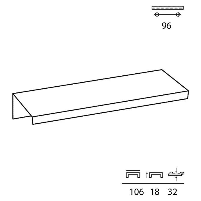 Rei Möbelgriff - Lochabstand: 96 mm, Aluminium, Schwarz, L x B x H: 106 x 18 x 32 mm - Strichzeichnung eines schlanken C-Profil-Möbelgriffs mit 96mm Bohrabstand.