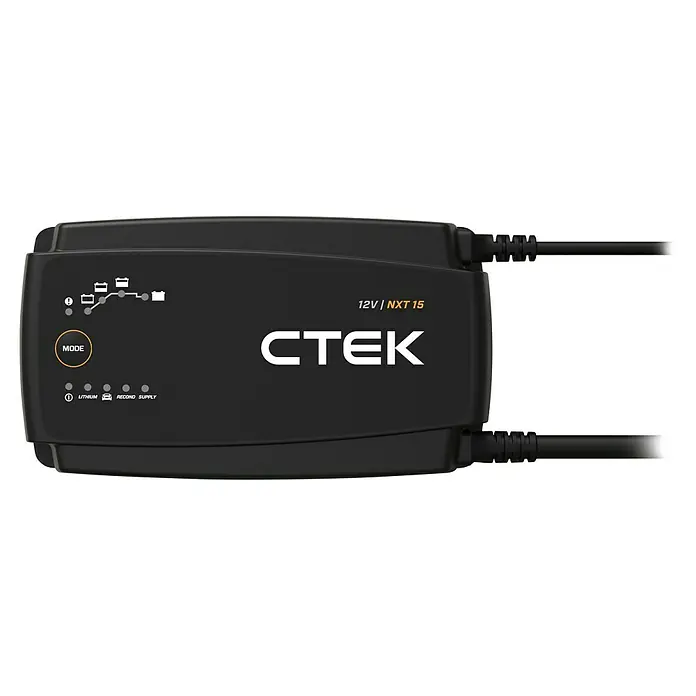 CTEK Automatik-Ladegerät NXT 15 EU - Ladestrom: 15 A, Kapazität: 30 Ah - 350 Ah - Schwarzes CTEK 12V NXT 15 Batterieladegerät mit Kabeln, das verschiedene Lademodi und Batteriestatusanzeigen zeigt.