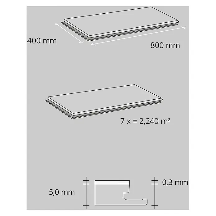 b!design Vinylboden SPC - Chiasso, Fliese, 800 x 400 x 5 mm - Detaillierte Ansicht heller grauer Bodenpaneele (400x800mm, 5,0mm Gesamtstärke, 0,3mm Nutzschicht). Ein Paket enthält 7 Paneele (2,24 m²).