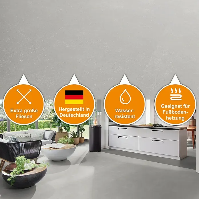 b!design Vinylboden SPC - Chiasso, Fliese, 800 x 400 x 5 mm - Graue, großformatige, wasserabweisende Bodenfliesen, geeignet für Fußbodenheizung, in einem modernen Raum.