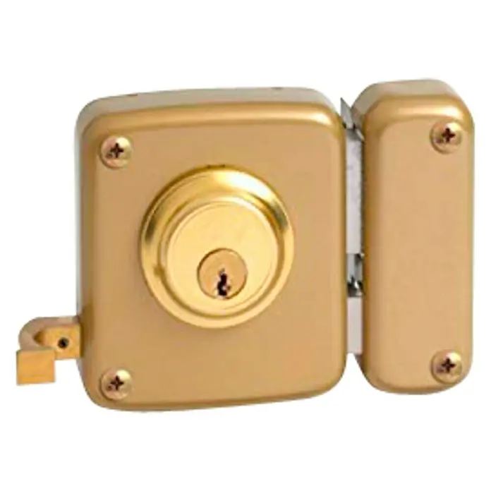 JiS Cerradura con cerrojo 12-8 - Tipo de bloqueo: Cerradura de bombín, DIN-derecha, Puerta exterior - Cerradura de sobreponer de color dorado con agujero para llave y tornillos.