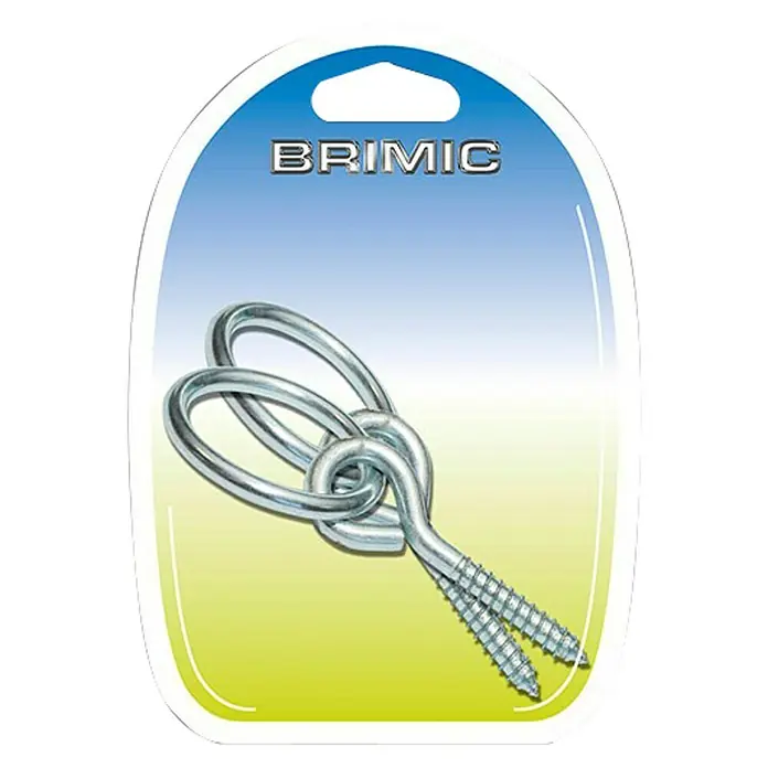 Micel Cáncamo con anilla soldada AP4 - Largo: 65 mm, Acero, Zincado - Primer plano de un blíster con dos tornillos de cáncamo plateados de Brimic. Ideal para colgar objetos en paredes o techos.