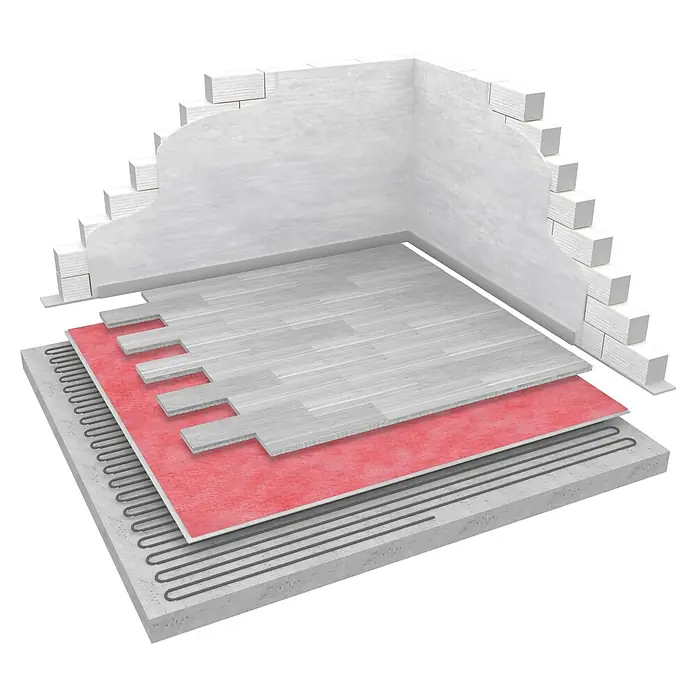 b!design Unterlagsmatte - 10 m², Stärke: 1,4 mm - Explosionszeichnung von Bodenschichten: Fußbodenheizung in Beton, rote Isolierung und hellgrauer Holzfußboden, mit einem Wandquerschnitt.