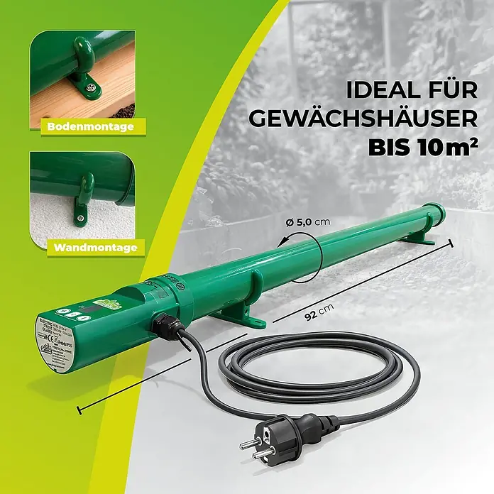 BioGreen Gewächshaus-Heizung - Heizleistung: 135 W - Grüner, röhrenförmiger Elektroheizer für Gewächshäuser, 92 cm lang, mit Boden-/Wandmontage und Netzstecker.