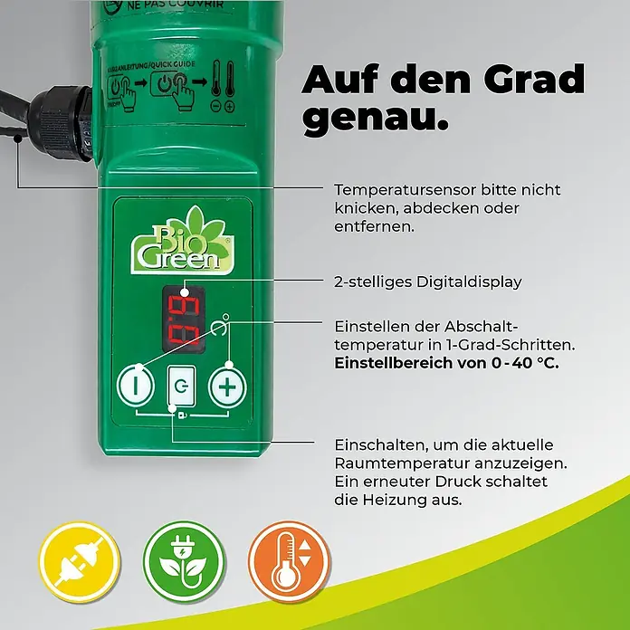 BioGreen Gewächshaus-Heizung - Heizleistung: 135 W - Grüner digitaler Thermostat mit Display und Tasten zur präzisen Temperaturregelung.