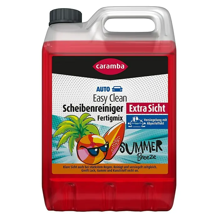 Caramba Scheibenreiniger Easy Clean - 5 l - Roter Scheibenreiniger für Autos in einem transparenten Plastikkanister mit schwarzem und buntem "Summer Breeze"-Etikett.