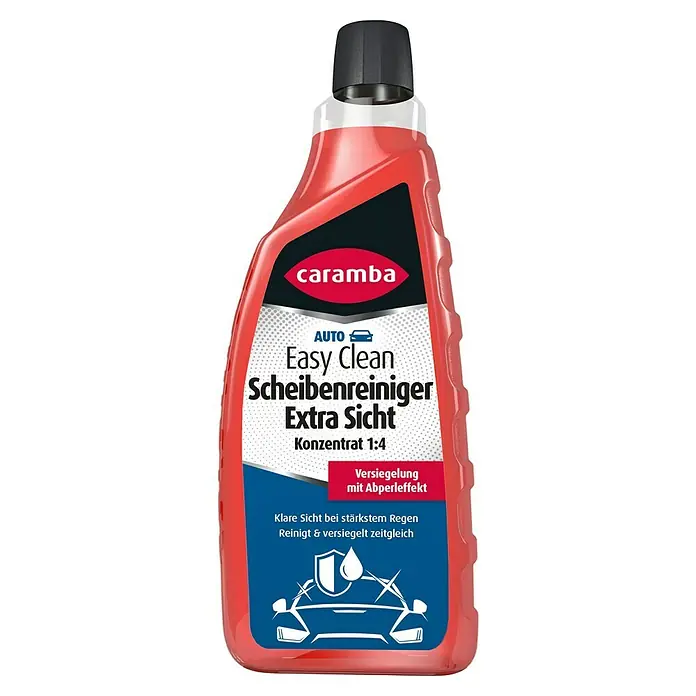 Caramba Scheibenreiniger Easy Clean - 1 l - Rote Caramba Auto Easy Clean Scheibenreiniger Konzentratflasche mit schwarzem Deckel und Abperleffekt-Hinweis.