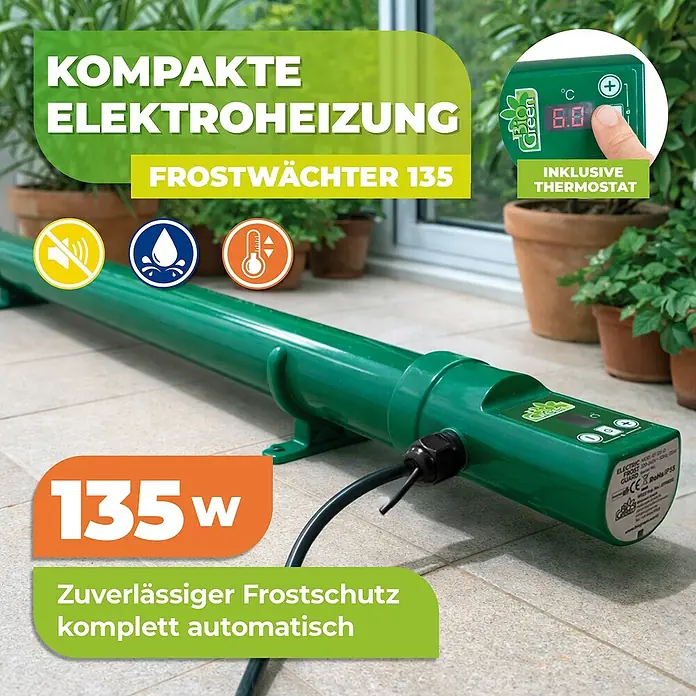 BioGreen Gewächshaus-Heizung - Heizleistung: 135 W - Grüner kompakter 135W Elektro-Frostwächter mit integriertem Digitalthermostat.