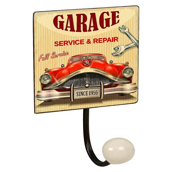 Nesu Gancho para colgar Garage - L x An x Al: 155 x 100 x 70 mm, Número de ganchos: 1 ud. - Perchero de pared decorativo de estilo vintage con motivo de garaje y extremo de bola, ideal para chaquetas y accesorios.