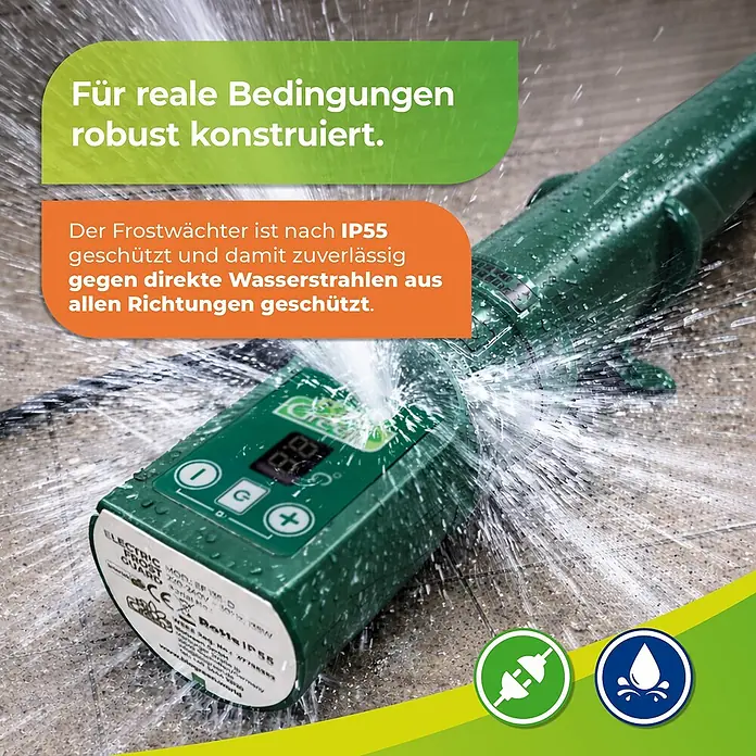BioGreen Gewächshaus-Heizung - Heizleistung: 135 W - Grüner elektrischer Frostwächter unter direktem Wasserstrahl, zeigt sein robustes, IP55 wasserstrahlgeschütztes Design.