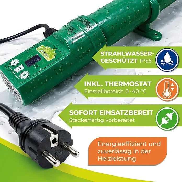BioGreen Gewächshaus-Heizung - Heizleistung: 135 W - Grüner, wasserdichter Heizstab mit Digitalanzeige, Thermostat und Netzstecker.