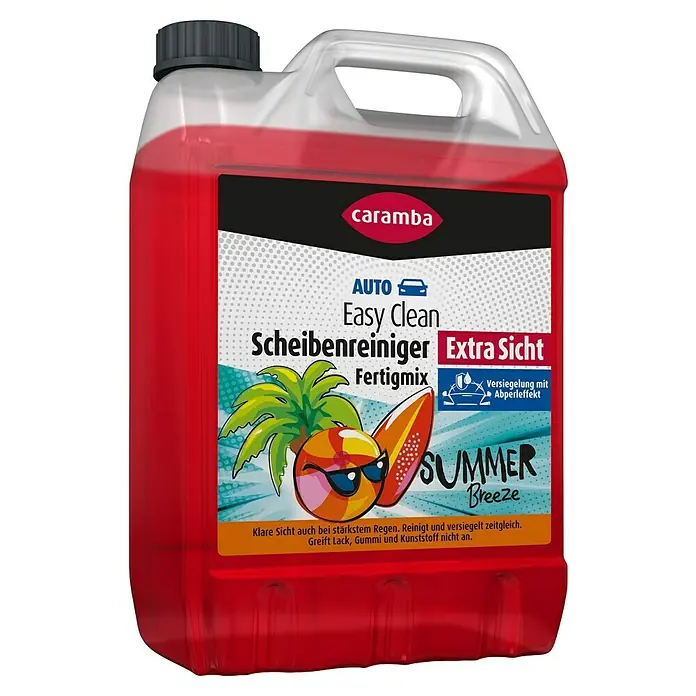 Caramba Scheibenreiniger Easy Clean - 5 l - Caramba Scheibenreiniger 'Summer Breeze', rote Flüssigkeit in transparentem Kanister mit schwarzem Etikett, Fertigmix.