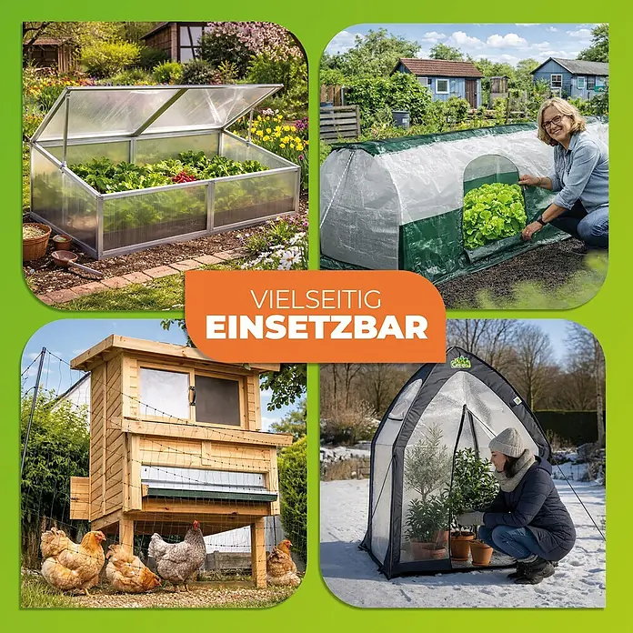 BioGreen Gewächshaus-Heizung - Heizleistung: 135 W - Collage verschiedener Gartenprodukte: Frühbeet, Folientunnel, Hühnerstall und Winterschutz für Pflanzen.