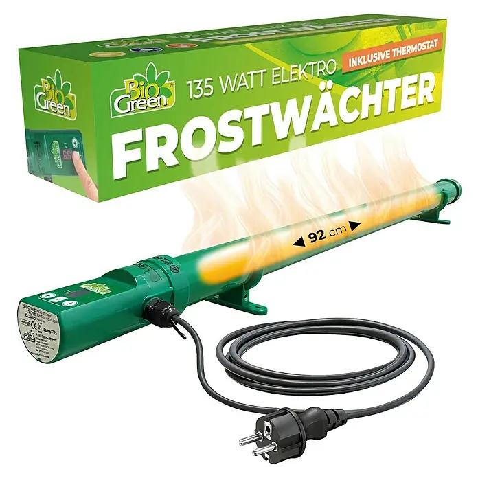 BioGreen Gewächshaus-Heizung - Heizleistung: 135 W - Grüner Bio Green 135W Elektro Frostwächter, 92 cm lang, mit Thermostat und glühendem Heizrohr, Netzkabel mit Eurostecker.