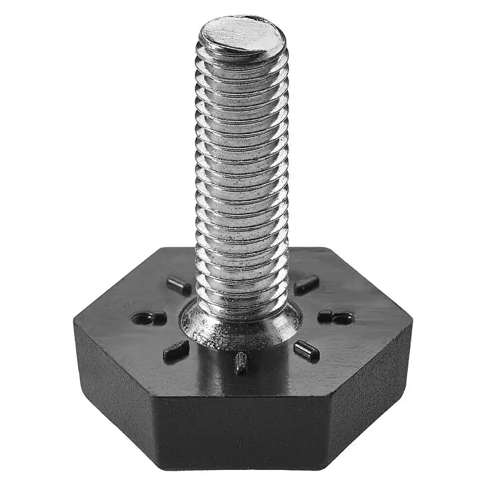 Hettich Regulierschrauben - Länge: 30 mm, M 8 - Nahaufnahme eines Gewindebolzens, der in einer schwarzen, sechseckigen Basis befestigt ist. Das Metall des Bolzens glänzt unter dem Licht.
