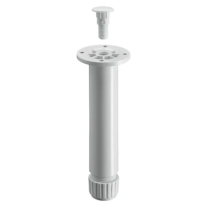 Hettich Sockelverstellfuß - Verstellbar: 150 mm - 160 mm, Durchmesser: 30 mm, Weiß - Ein weißes, verstellbares Möbelbein mit Befestigungsschraube für die Montage.