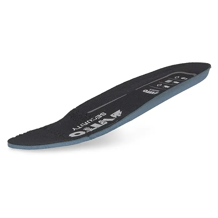 Vito Zapato bajo de seguridad V-Carbon - 46, Negro, Clase de protección según EN ISO 20345: S3 - Plantilla de zapato negra y azul con texto "SECURITY" e íconos, diseñada para comodidad y protección.