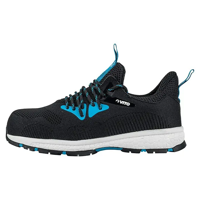 Vito Zapato bajo de seguridad Thor - 44, Clase de protección según EN ISO 20345: S1P, Negro/Azul - Zapatilla de seguridad negra con cordones y detalles azules, parte superior de malla, suela blanca texturizada.
