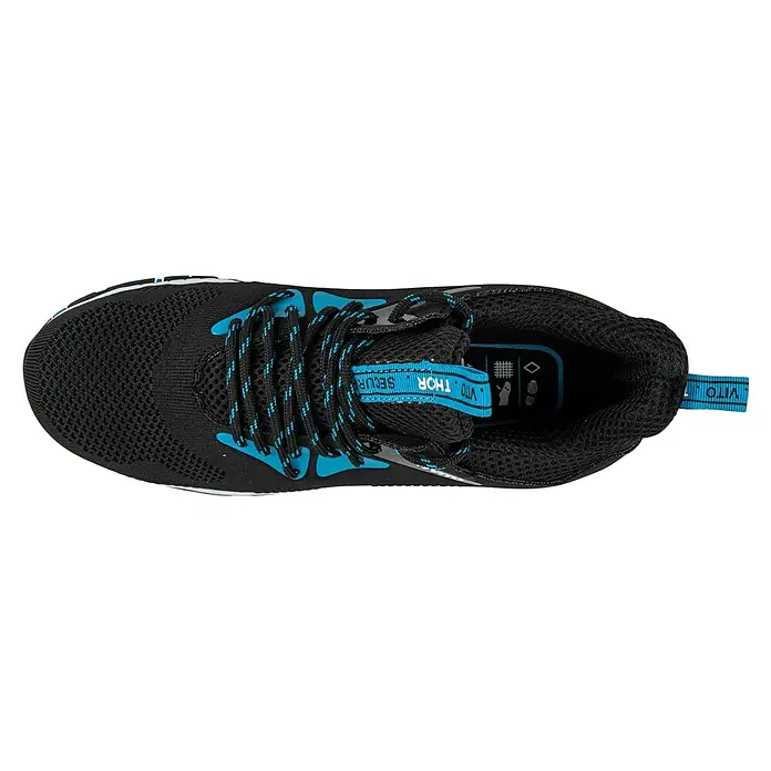 Vito Zapato bajo de seguridad Thor - 44, Clase de protección según EN ISO 20345: S1P, Negro/Azul - Vista superior de una zapatilla deportiva de malla negra con cordones y detalles azules brillantes.