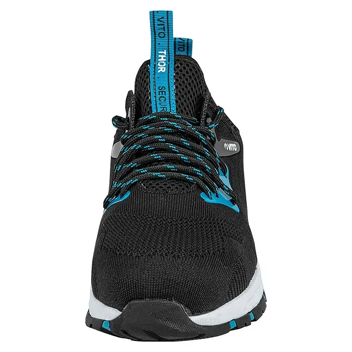 Vito Zapato bajo de seguridad Thor - 44, Clase de protección según EN ISO 20345: S1P, Negro/Azul - Zapatilla deportiva negra de punto con cordones y detalles azules, con suela blanca y negra.