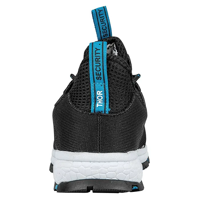 Vito Zapato bajo de seguridad Thor - 44, Clase de protección según EN ISO 20345: S1P, Negro/Azul - Vista trasera de una zapatilla negra con suela blanca texturizada y tiradores azules 'THOR SECURITY'.