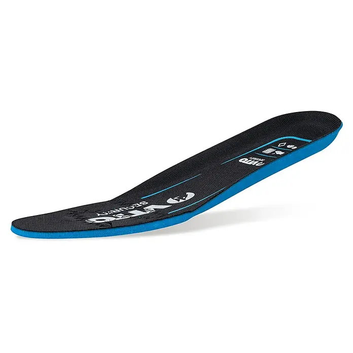 Vito Zapato bajo de seguridad Thor - 44, Clase de protección según EN ISO 20345: S1P, Negro/Azul - Plantilla de zapato negra y azul con texto "AUTO SECURITY" e iconos de confort.