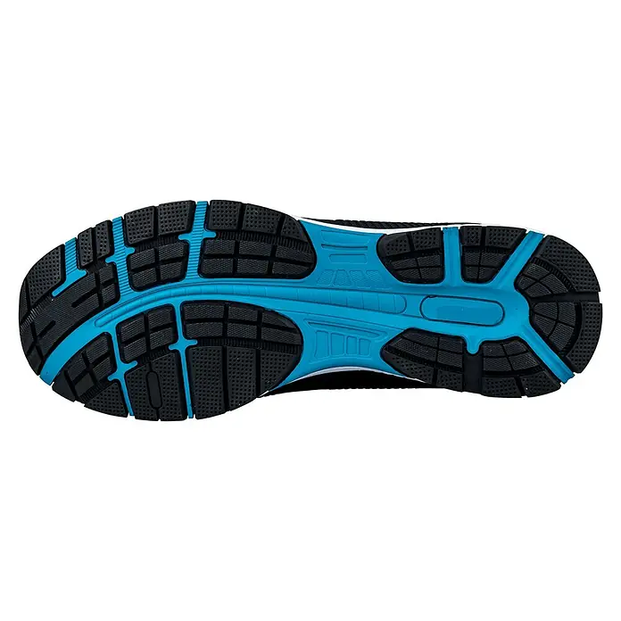 Vito Zapato bajo de seguridad Thor - 44, Clase de protección según EN ISO 20345: S1P, Negro/Azul - Suela de zapatilla de running, con un patrón de banda de rodadura de goma negra y azul brillante texturizada para un agarre óptimo.