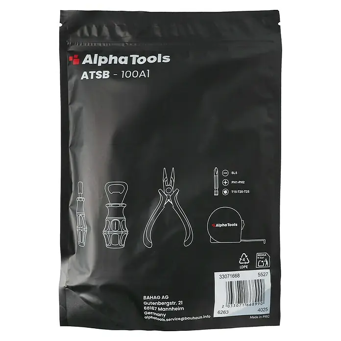 Alpha Tools Schraubertüte - Gesamtumfang: 10 -tlg., Chrom-Vanadium-Stahl - Schwarze Alpha Tools Tasche mit Abbildungen von Schraubendreher, Flaschenöffner, Zange und Maßband.