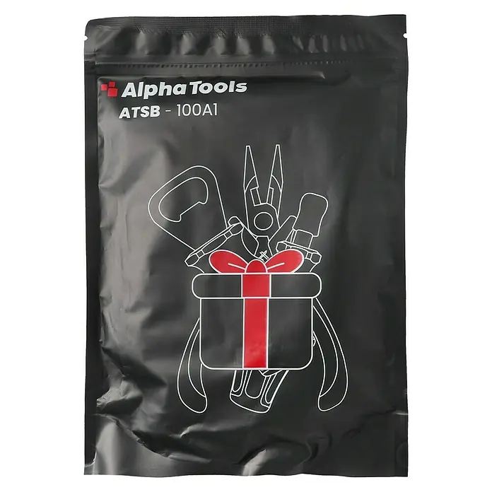 Alpha Tools Schraubertüte - Gesamtumfang: 10 -tlg., Chrom-Vanadium-Stahl - Schwarzer Standbodenbeutel für Werkzeuge mit Alpha Tools Branding und Werkzeug-Illustration in einer Geschenkbox.