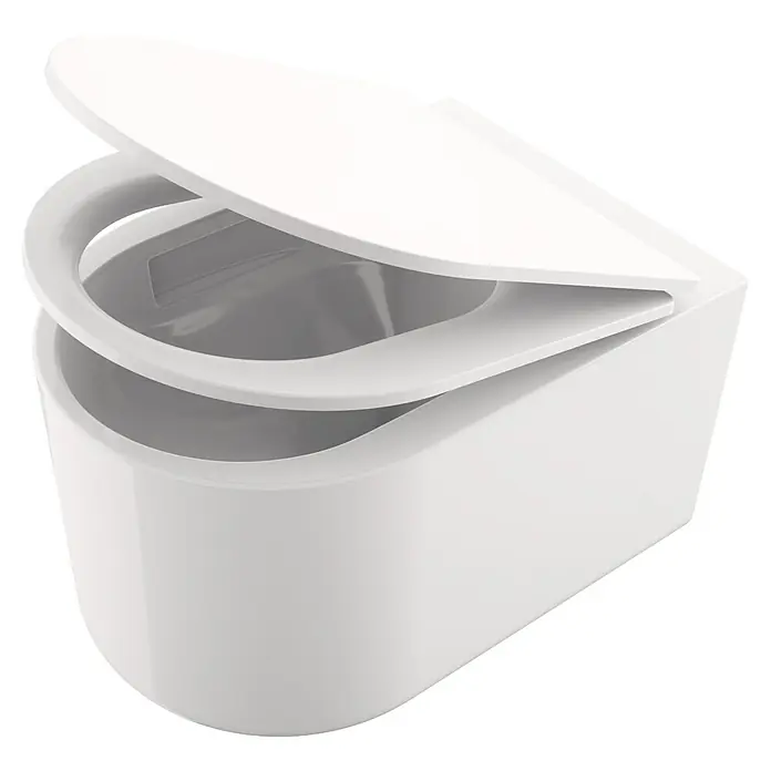 Camargue Wand-WC-Set Amsterdam - Spülrandlos, Ohne Spezialglasur, Spülform: Tief, WC Abgang: Waagerecht, Weiß - Weißes wandhängendes WC mit leicht geöffnetem Deckel und Sitz.